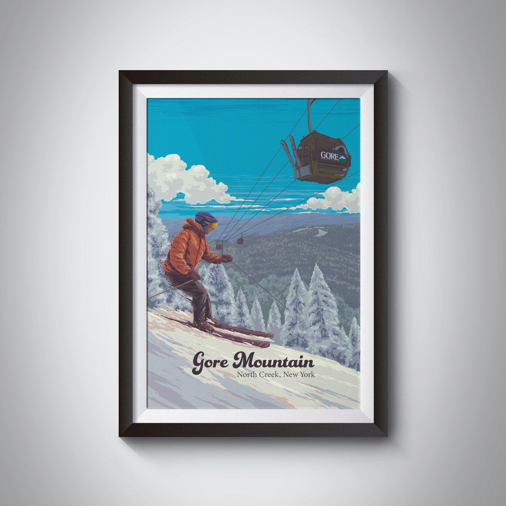 Gore Mountain Resort North Creek New York Usa Adirondack Mountains Travel Retro Art Snowboarding Poster , Poster Print Only