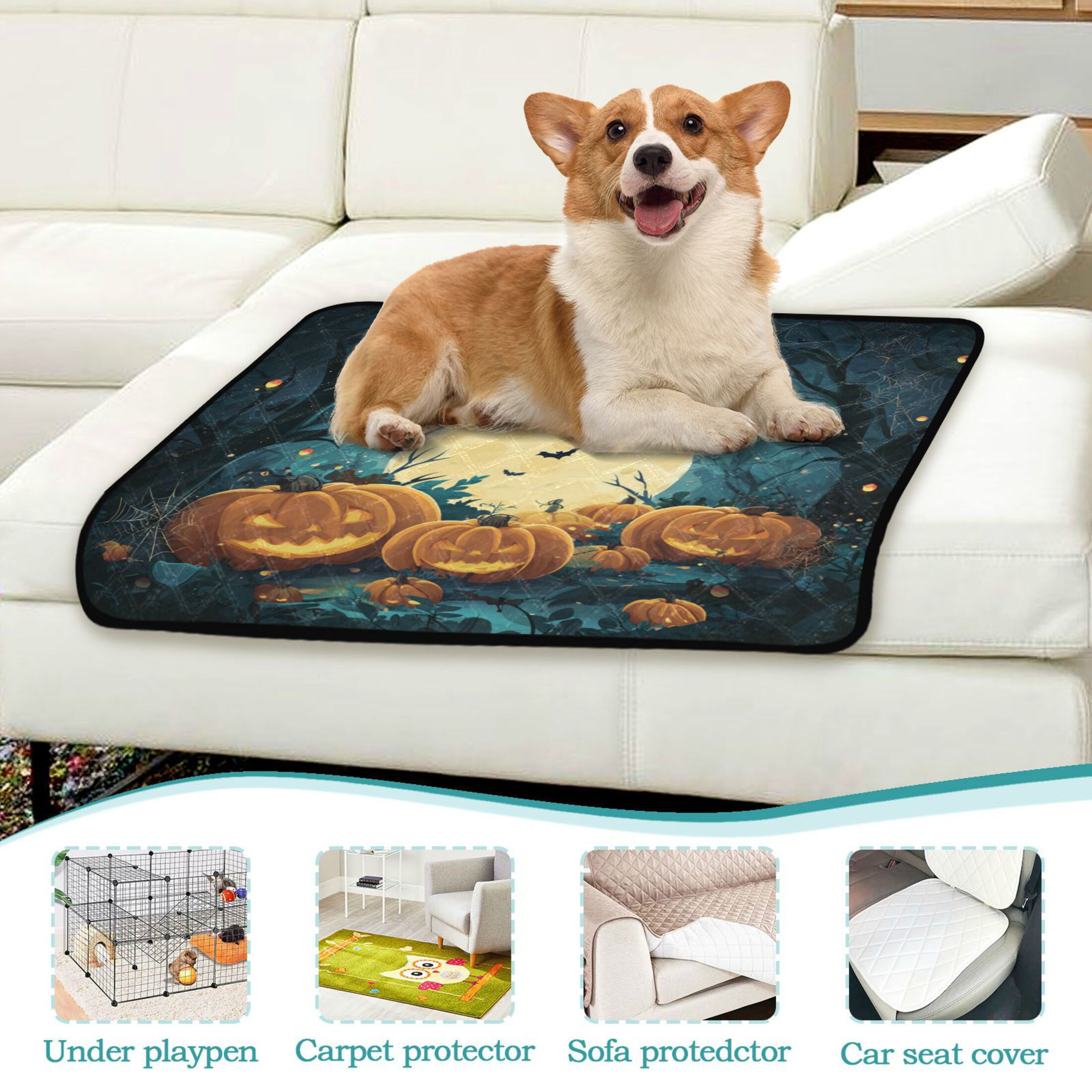 Qxltty Cartoon Halloween Pumpkins Cat litter Pads Pet Set of 2 Diaper Mats Center Anti-leakage Layer Absorbent Soft and Comfortable