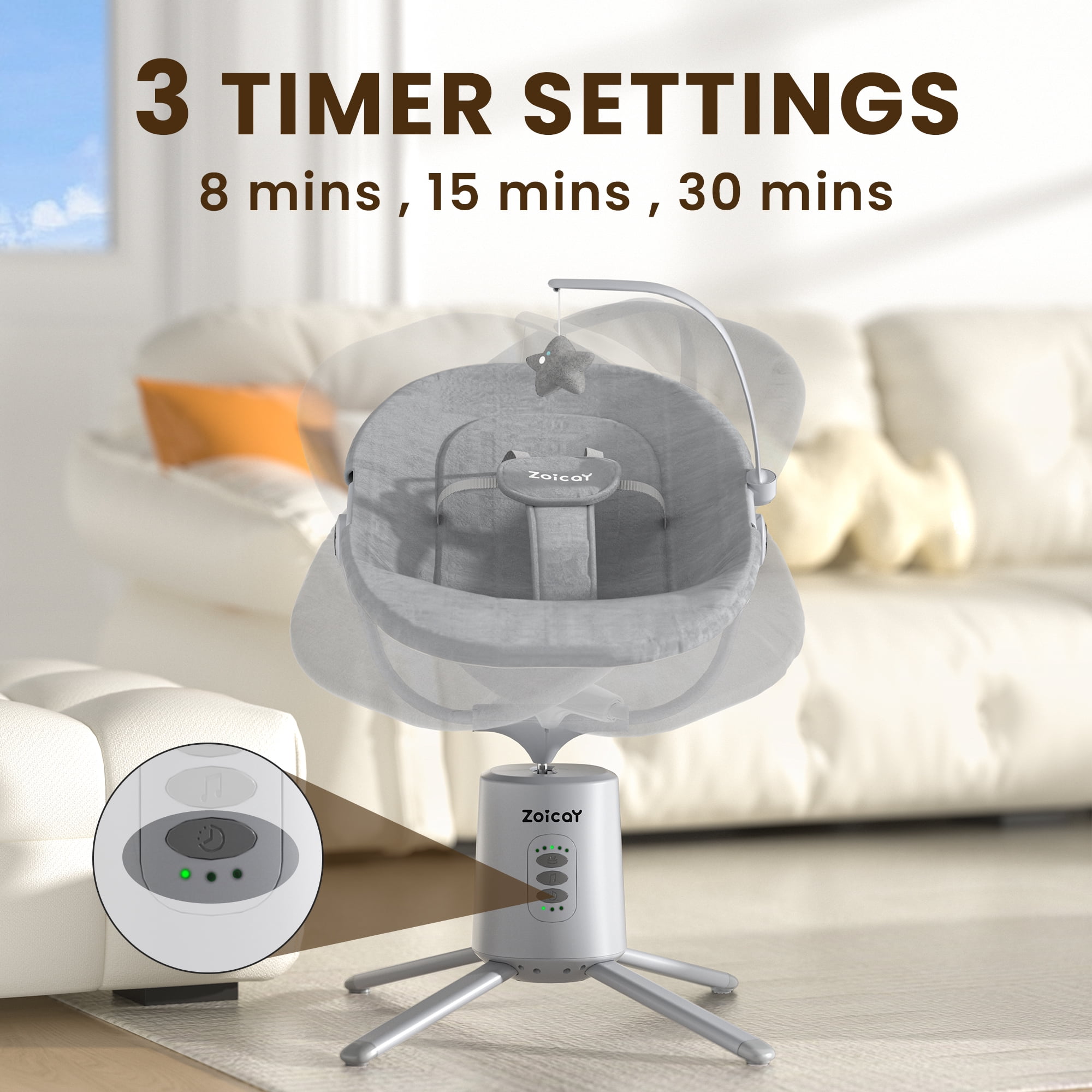Zoicay Electric Baby Swing with App Remote Control, 5 Speeds 3 Sway Modes, Bluetooth Music, 5-Point Harness Infant Swing, Gray