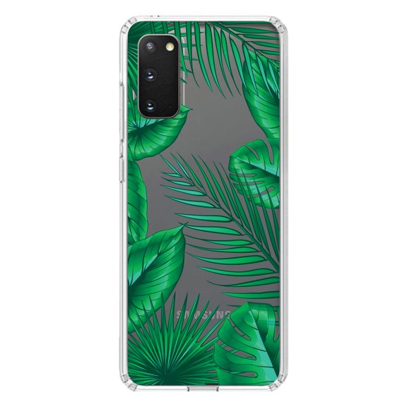 DistinctInk Clear Shockproof Hybrid Case for Galaxy S20 ULTRA / 5G (6.9" Screen) - TPU Bumper, Acrylic Back, Tempered Glass Screen Protector - Green Tropical Leaves