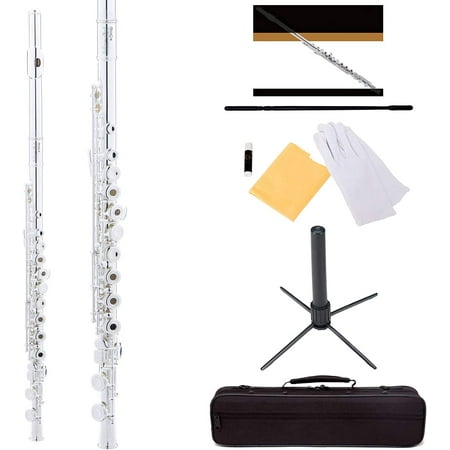 Mendini By Cecilio Flutes - Closed Hole C Flute For Beginners, 16-Key Flute with a Case, Stand, Lesson Book, and Cleaning Kit, Musical Instrument for Kids, Nickel Plated