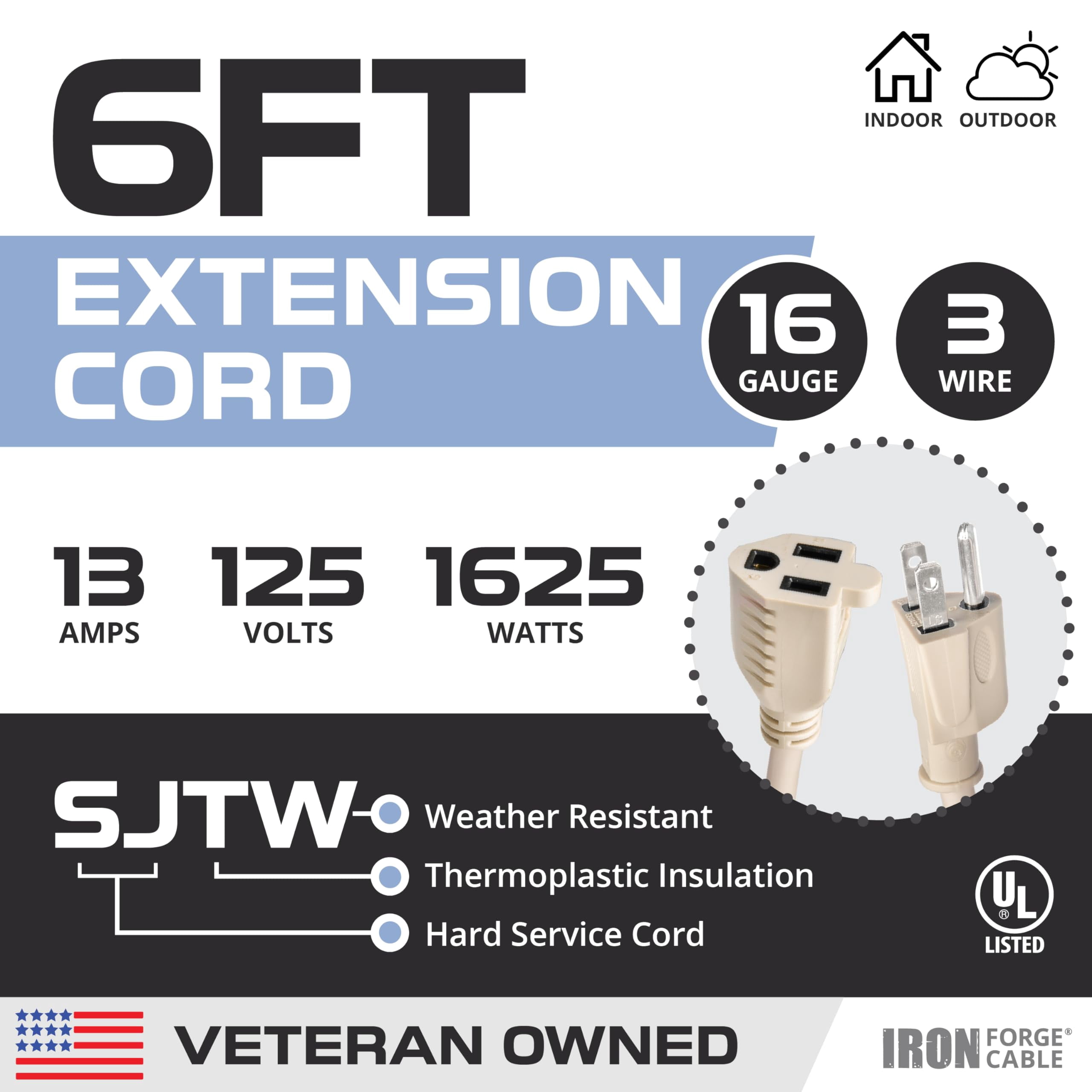 Iron Forge Cable Weatherproof 6 Ft Outdoor Extension Cord - 16/3 SJTW Heavy Duty Light Brown Extension Cord 3 Prong - 13 Amp Exterior Power Cable