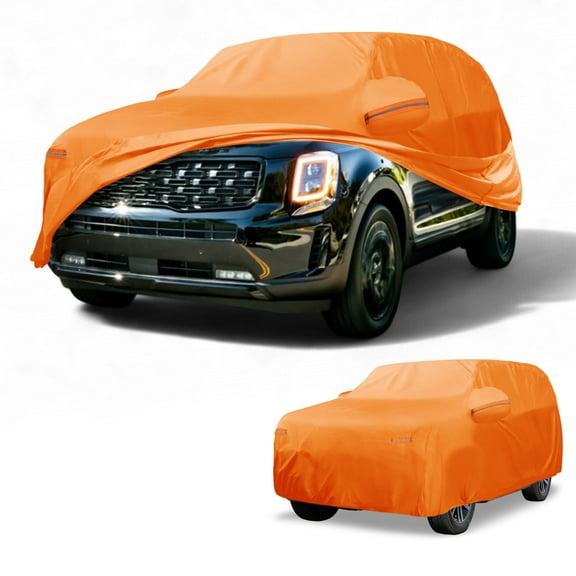 Unique Bargains Car Cover Waterproof All Weather Automotive Outdoor Anti-UV Sun Rain Protection Full Exterior Cover for Kia Telluride 210D-PU Orange with Reflective Strips