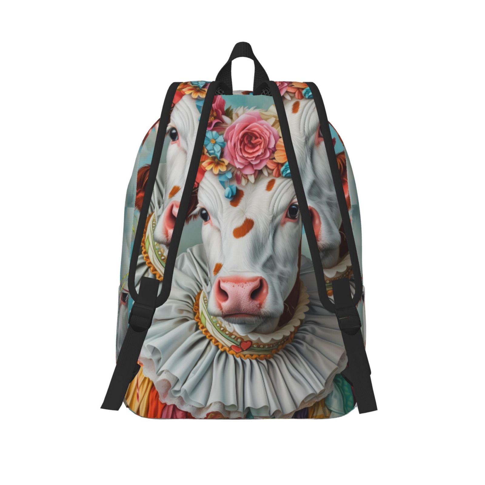Picia Vintage Colorful Floral Cow Printed Canvas Daypack - Stylish and Durable Vintage Compact Backpack - Class, Work, Travel, or Laptop Bookbag,Organized Compartments-Medium