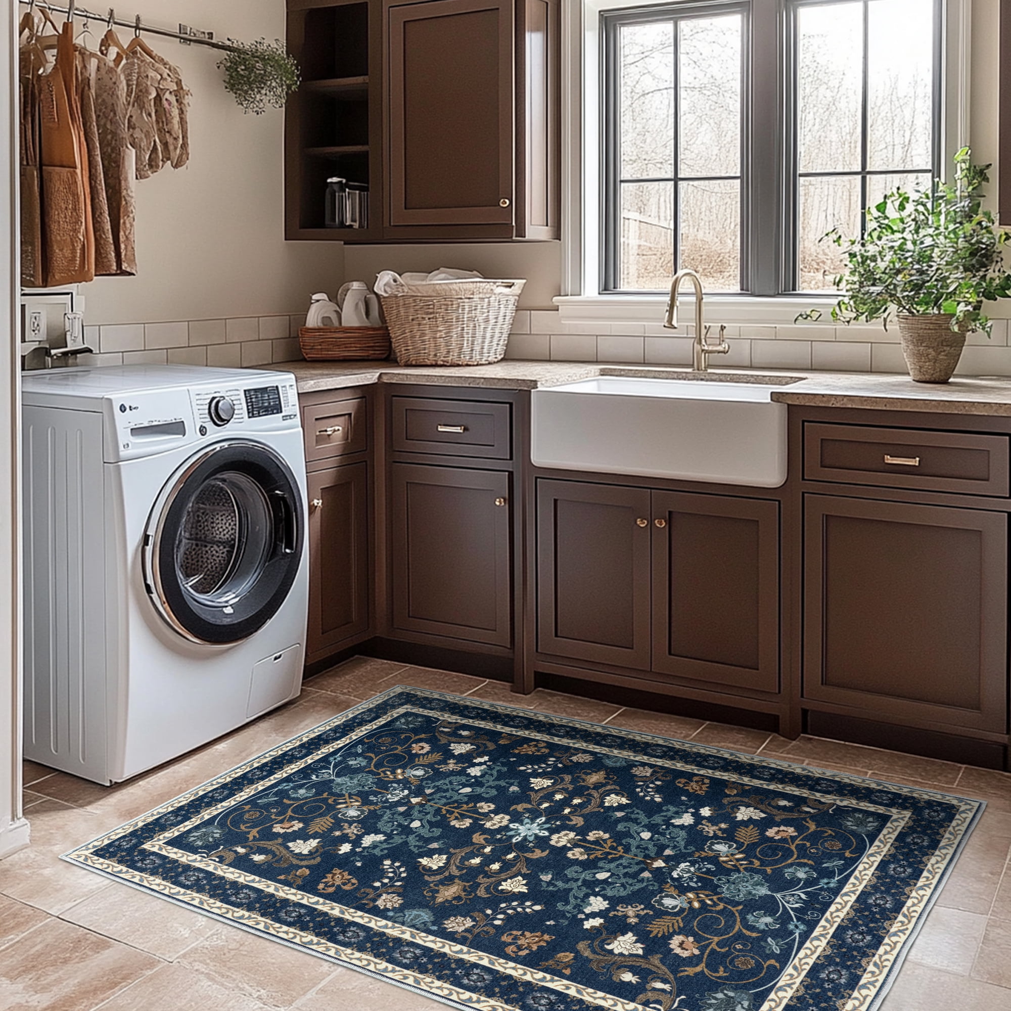 ZENELESS 2x3 Indoor Entryway Rug, Washable Non-Slip Carpet,Contemporary Traditional Printed Kitchen Mat,Dark Blue