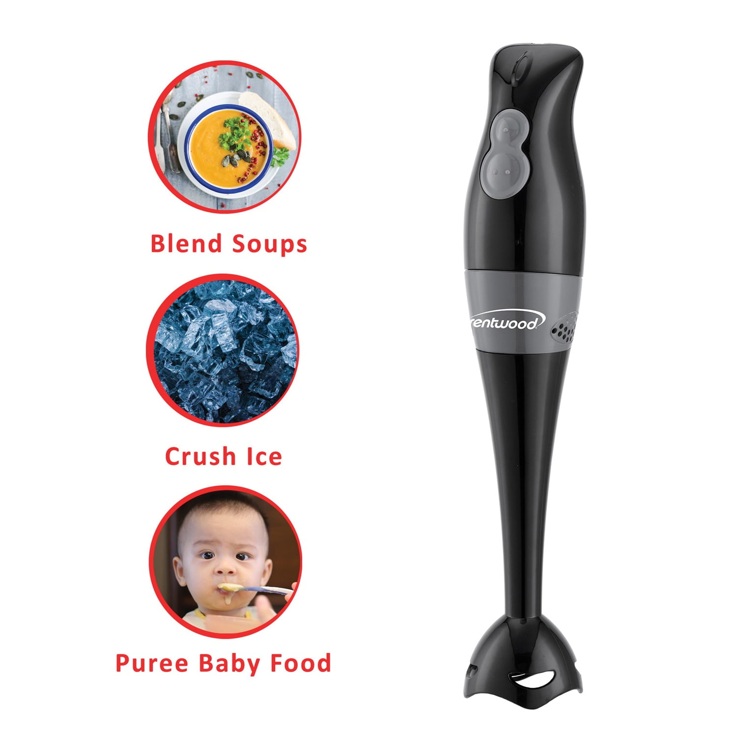 Brentwood 2-Speed Hand Blender and Food Processor with Balloon Whisk, Black