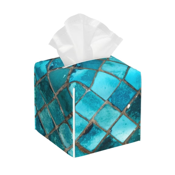Kdxio Square Glass Mosaic Print Tissue Box Cover,Square Decorative PU Leather Facial Paper Case Organizer Holder Dispenser for Bathroom,Night Stands,Desk,Car 5.2''X5.2''X5.2''