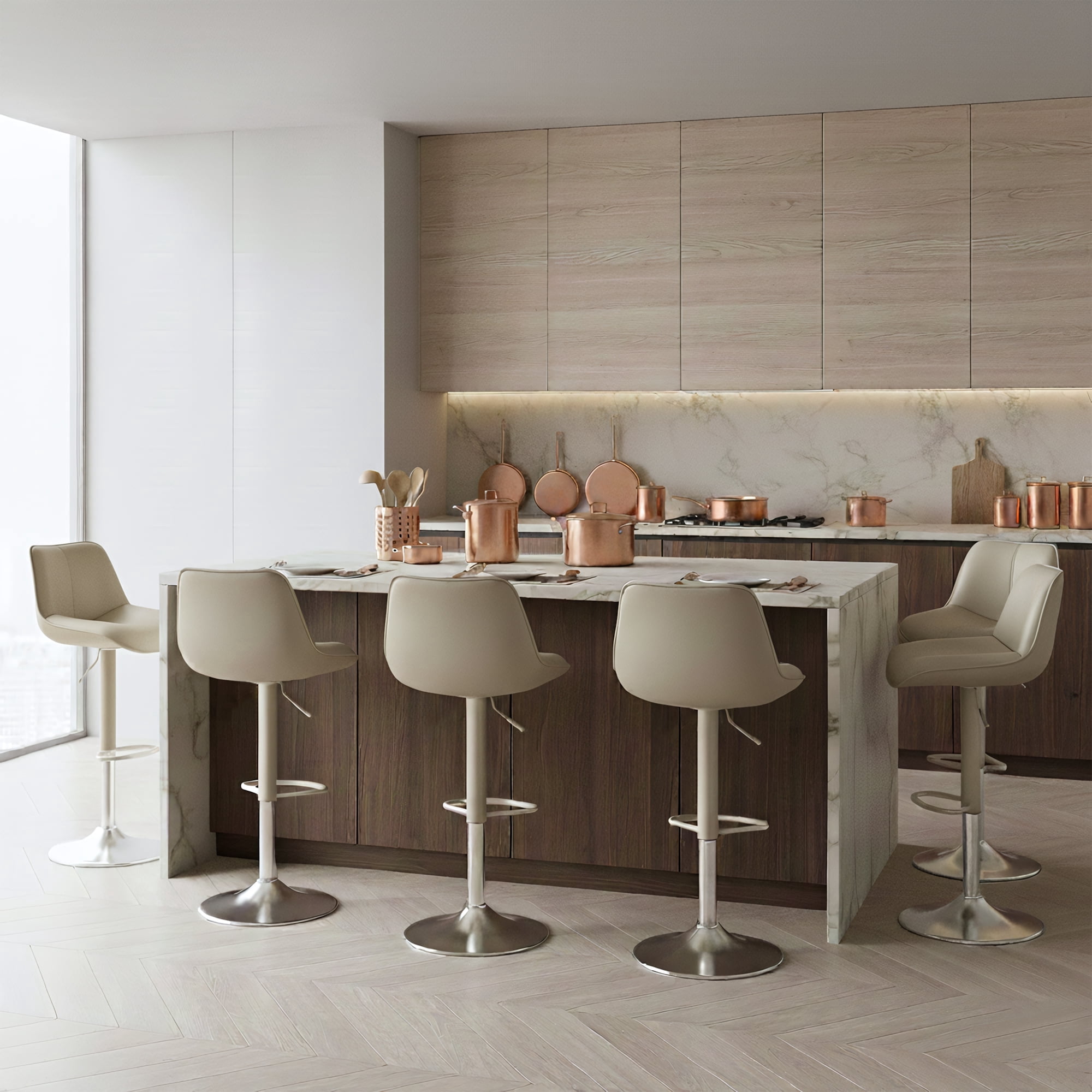 EOP Upholstered Bar Stools Set of 6, Adjustable Swivel Counter Height Bar Chairs with Backrest, Modern PU Leather Counter Stools for Bar, Kitchen, Dining Room, Beige