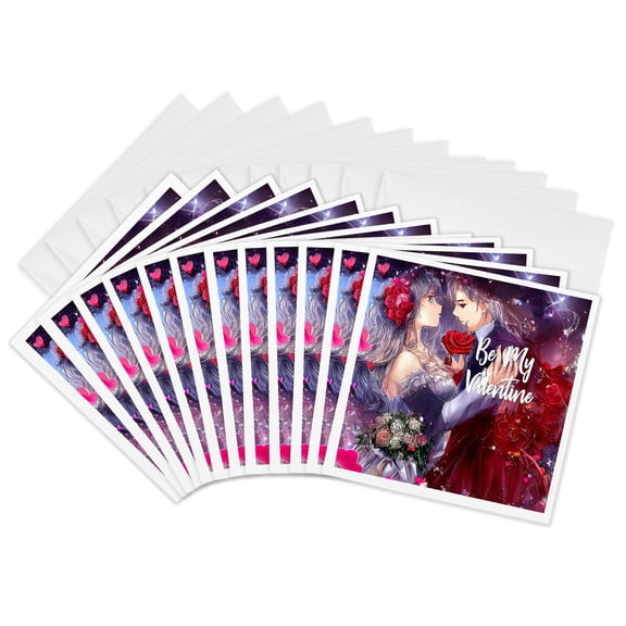 3drose, Valentines Day. Cartoon Prince and Princess. Be My Valentine Gift, 12 Greeting Cards with Envelopes