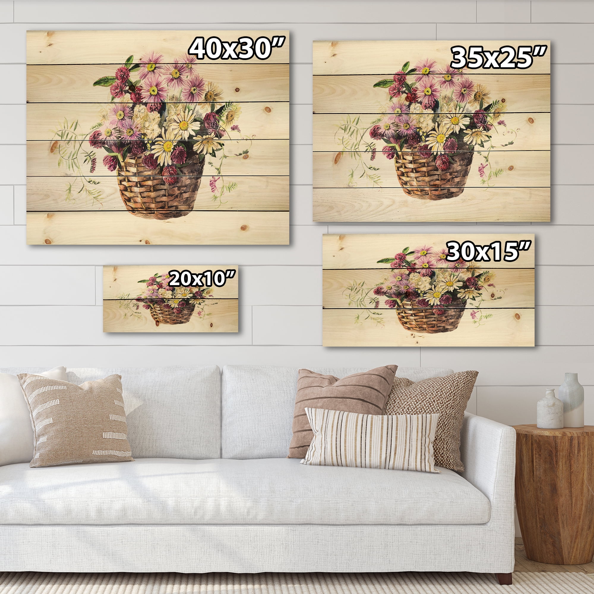 Designart 'The Basket Bouquet From Meadow Flowers' Traditional Print on Natural Pine Wood