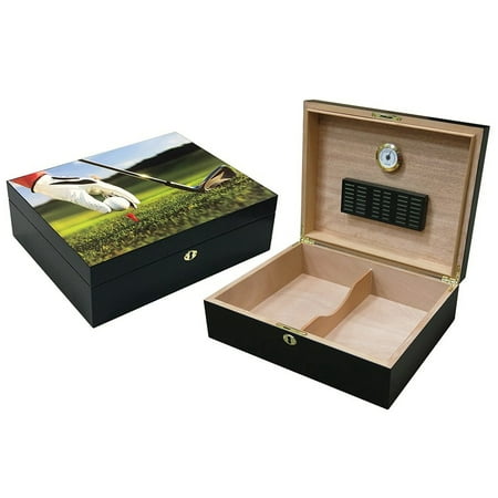 Black Finish Humidor - 9-Iron Vivid 3D Golf Scene Cigar Humidor - Capacity: 75 - Color: Black Satin Finish