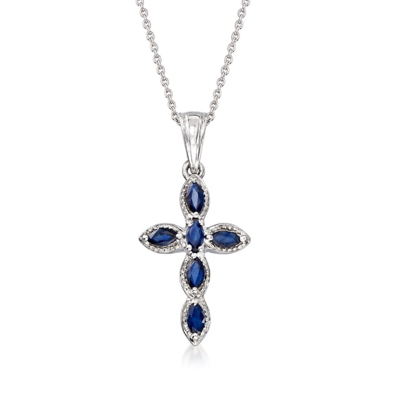 Ross-Simons 0.80 ct. t.w. Marquise Sapphire Cross Pendant Necklace in Sterling Silver, Women's, Adult