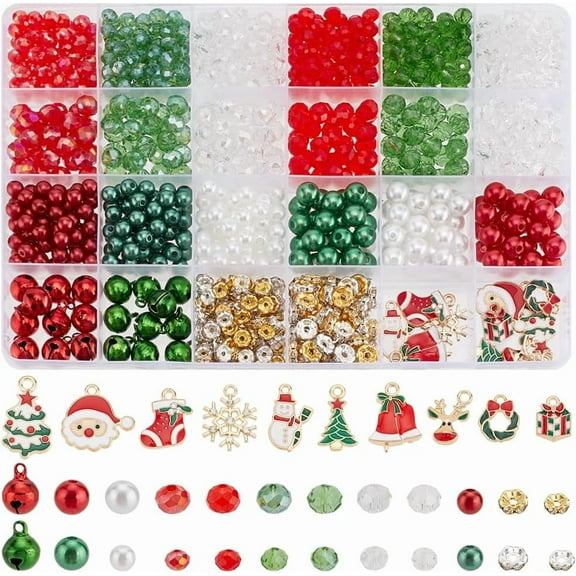 Beads for Jewelry Making Red Green Clear Glass Beads Enamel Pendants Christmas Reindeer Wreath Snowman Gift Sock Snowflake Charm Rhinestone Spacer Beads DIY