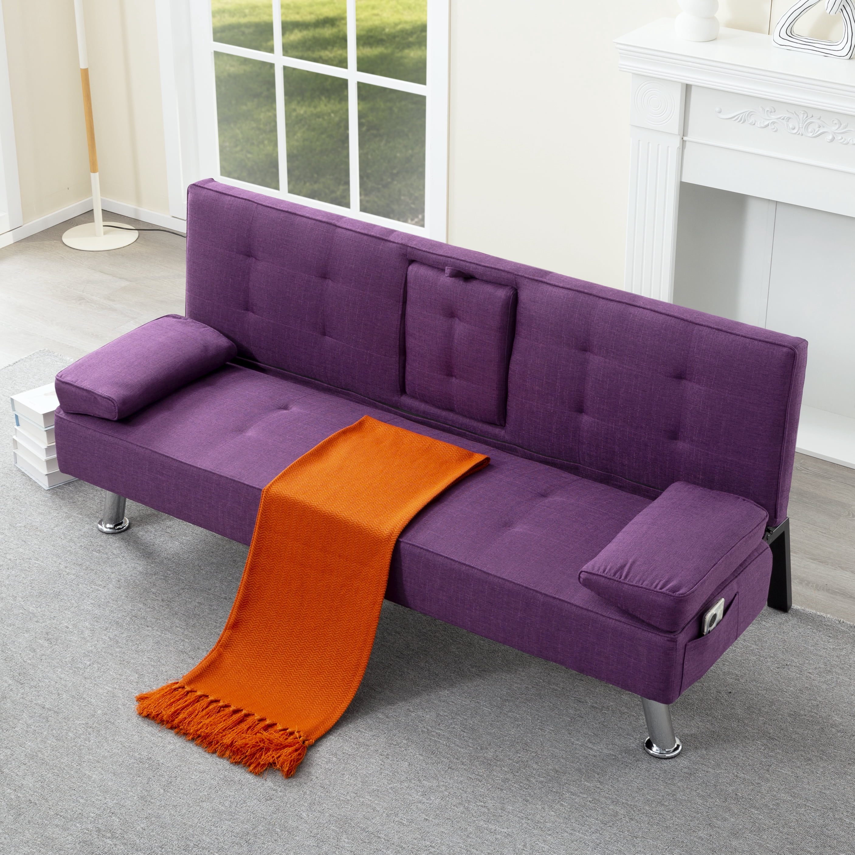 BSHTI 69.49” Twin Size Futon Sofa Bed with Cup Holders – 5-Position Adjustable Sleeper, Polyester Upholstery, Storage Side Pocket, Removable Arm Cushions, Easy Conversion, Purple