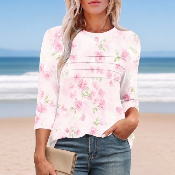Jsaierl Women's 3/4 Length Sleeve Tops Summer Crew Neck Shirts Boho Print Ladies Blouses Soft Vacation Tunic Top S-2XL