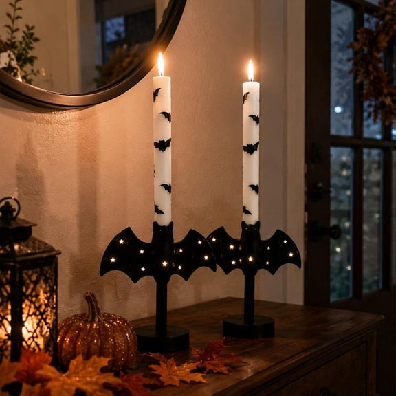 Clearance Flameless Bat Candle Holders for a Safer Halloween Glow with LED Taper Candles and Remote Control Timer, Black Bat Shaped Holders with Star Cutouts for Mantel Entryway Shelf Party