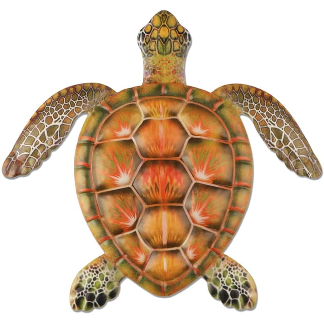 Decoración de pared de tortuga de metal, arte de pared de tortuga para el hogar, dormitorio, sala de estar, oficina, vallas de jardín, acuario, decoración de pared de océano, verde naranja