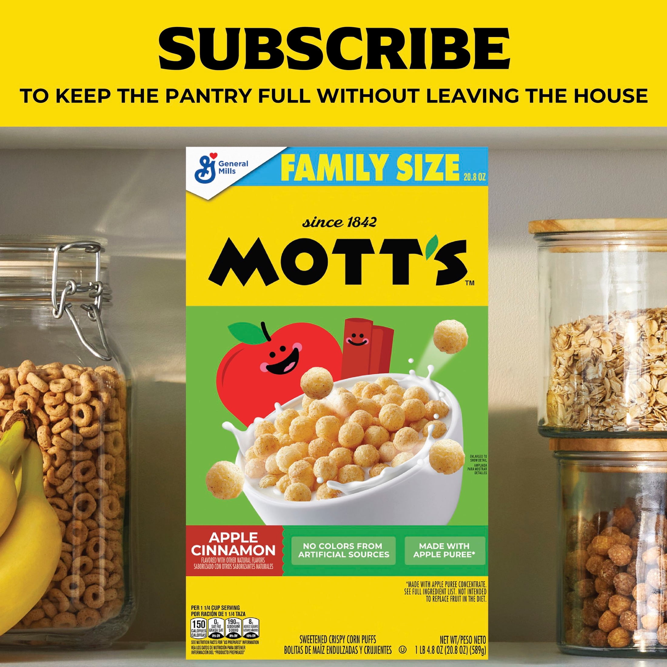 (3 pack) Mott's Apple Cinnamon Cereal, Made with Apple Puree, Whole Grain, Family Size, 20.8 oz