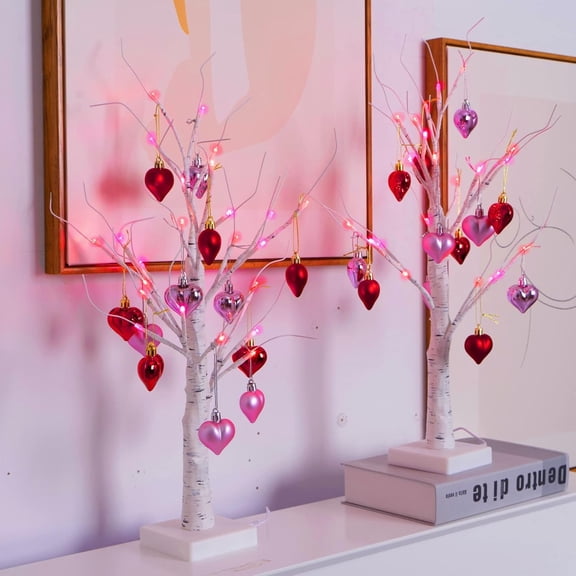 2 Pack Valentine's Day Decoration Glow Birch Tree with 24 Heart Shaped Ornaments, USB with Timer and Battery Operated, Glowing Artificial Tree Indoor Bedroom Wedding Party Valentine's Day Decoration