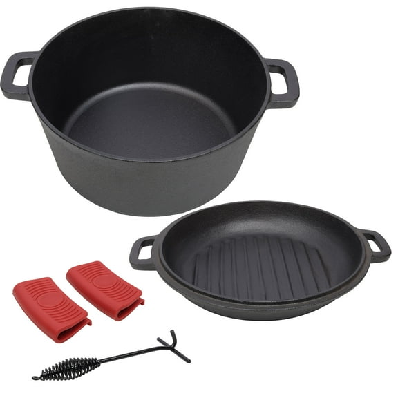 3 in 1 Pre-Seasoned Cast Iron Dutch Oven, Outdoor Camping Deep Pot, 5 Quart. Cover As A Skillet with Ribbed Bottom Design. With 2pcs Silicone Handel Covers, 1PC Lid Lifter.