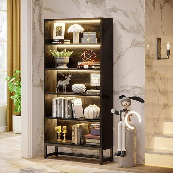 71 Inches Black Bookcase with LED Lights, Heavy Duty Free-Standing Library Bookshelf