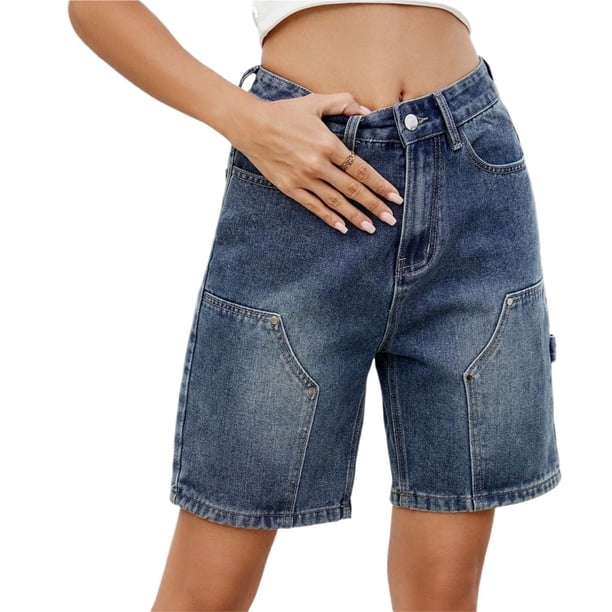 Mujeres hasta la rodilla Jorts holgados con bolsillos Cargo Shorts de talle alto Jean Shorts Y2k Streetwear Moda