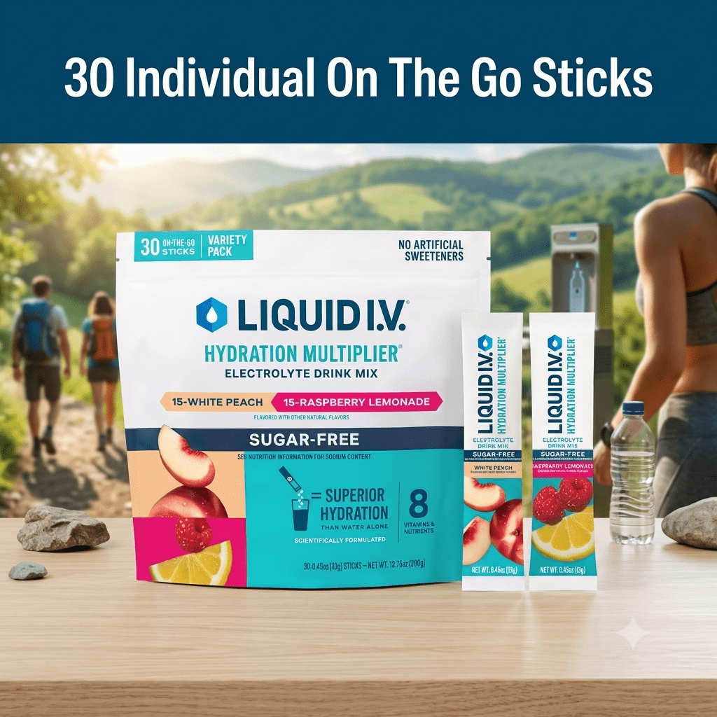 Liquid I.V. Hydration Multiplier, 30 Individual Serving Stick Packs in Resealable Pouch, Sugar Free, White Peach - Raspberry Lemonade