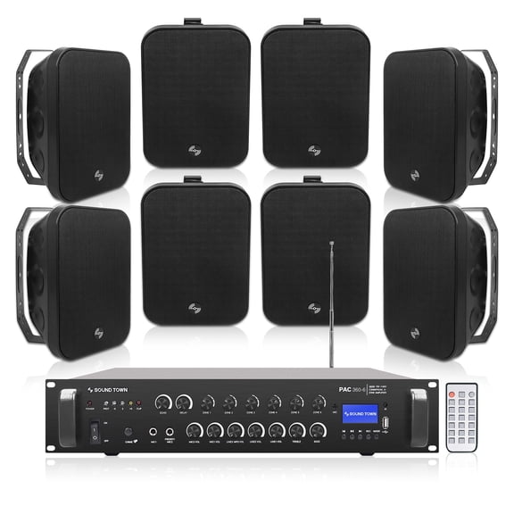 Sound Town Commercial Restaurant Bluetooth Amplifier   Surface-Mount Speaker Set, with One 6-Zone 70V/100V Amplifier with Bluetooth, 8 x 6.5-Inch Surface-Mount Speakers, Black (PAC360X8MS6B)