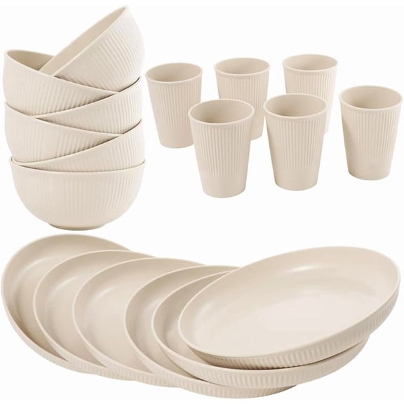 36-Piece Reusable Wheat Straw Dinnerware Sets for 6, Unbreakable Reusable Set Kitchen Cups, Plates, Bowls Sets & Cultery Dishwasher Microwave Safe - Patio, Outdoors, RV, Camping Dishes