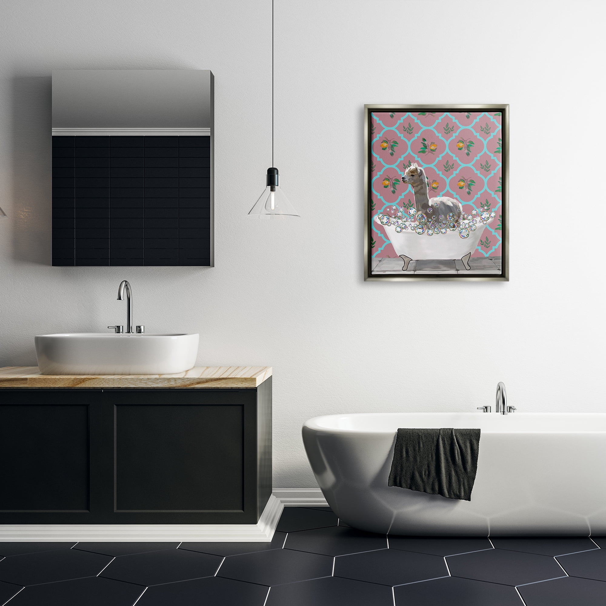 Stupell Industries Bathing Llama in Bathroom Animals & Insects Painting Gray Floater Framed Art Print Wall Art, 25 x 31
