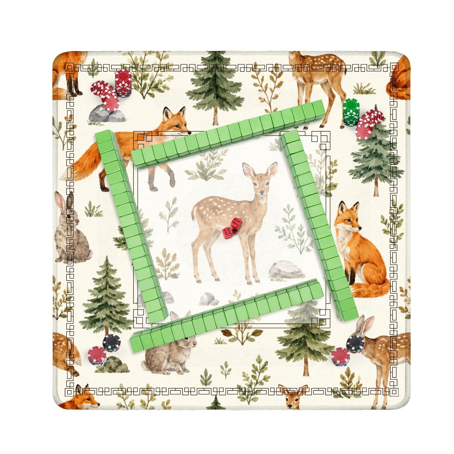 Mahjong Mat 31.5" x 31.5" Woodland Animals Wildflowers Watercolor Seamless Deer Rabbits Fox Non-Slip Noise Reduction American Mahjong Tiles Table Cover for Dominoes Poker Card Board Games Gift