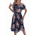 thumbnail image 2 of Women's Floral Elegant Pleated Midi Print Batwing Sleeve Tie Waist Dress for Daily Wear Navy Blue L, 2 of 10
