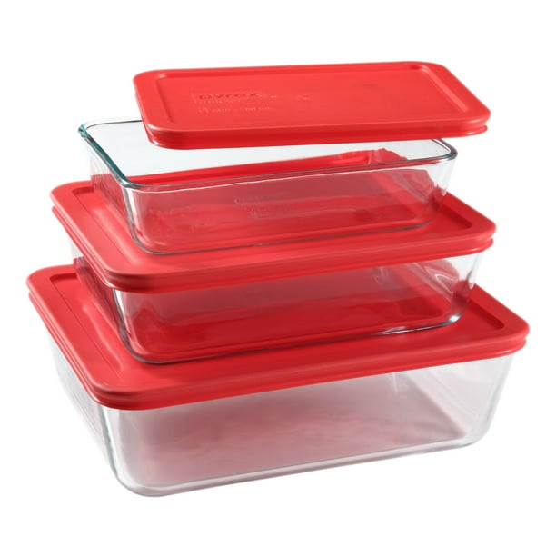 Pyrex 6 Piece Rectangular Storage Value Pack with Red Plastic Covers