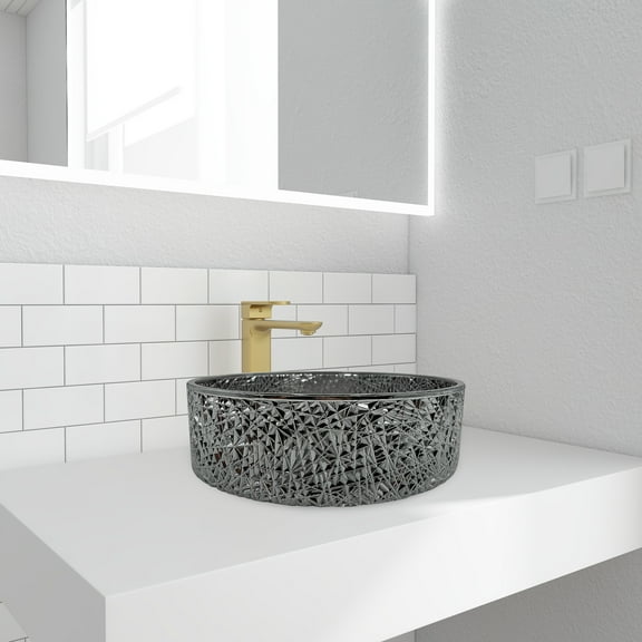 90210 Kitchen and Bath 14" Gray Glass Round Vessel Sink For Bathroom Vanity