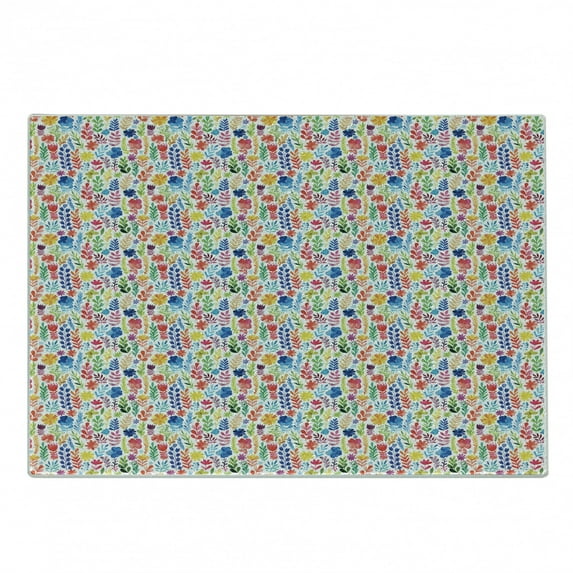 Floral Cutting Board, Vibrant Watercolor Brush Stroked Spring Flowers Tulips Roses Pansies and Wild Herbs, Decorative Tempered Glass Cutting and Serving Board, Small Size, Multicolor, by Ambesonne