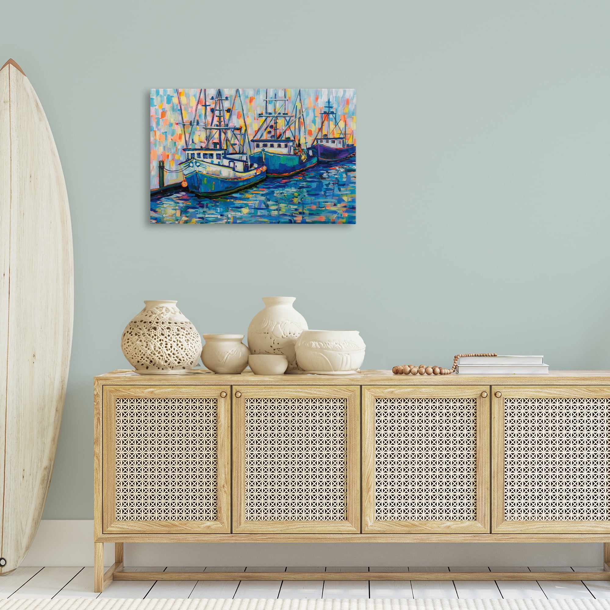 Stupell Industries Vivid Boats in Harbor Transportation Painting Gallery Wrapped Canvas Art Print Wall Art, 30 x 20
