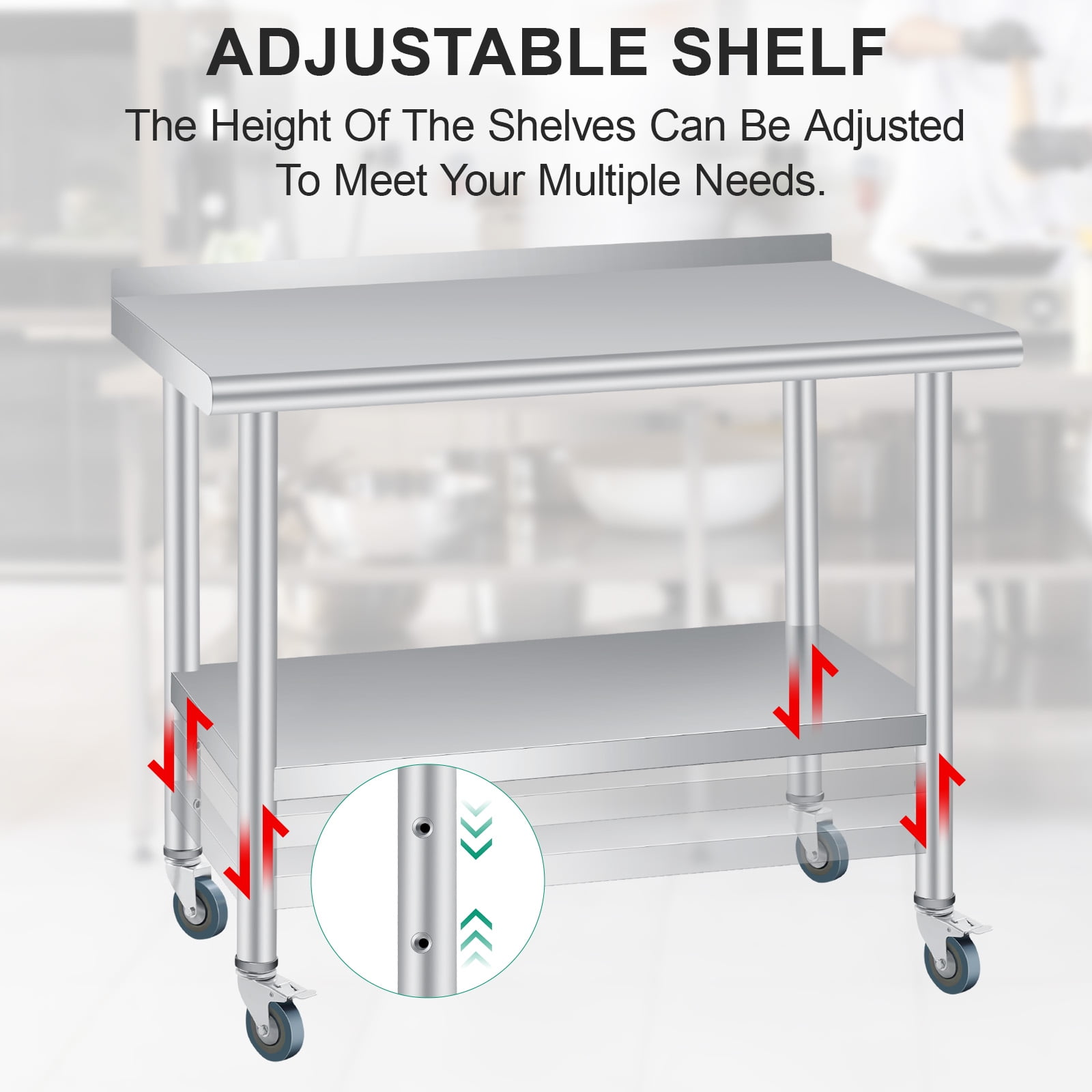 Stainless Steel Prep & Work Table with Backsplash - Adjustable Undershelf - 4 Locking Wheels - Commercial Kitchen Restaurant Home Outdoor Use - Size: 48x24 Inch