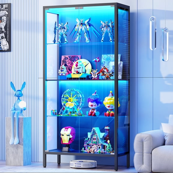 BROTTAR Display Cabinet with Glass Doors, 4-Tier Curio Cabinet with 3 Color Lights, Metal Glass Display Case with Motion Sensor, Storage Cabinets with Adjustable Glass Shelves, Bookcase, Black