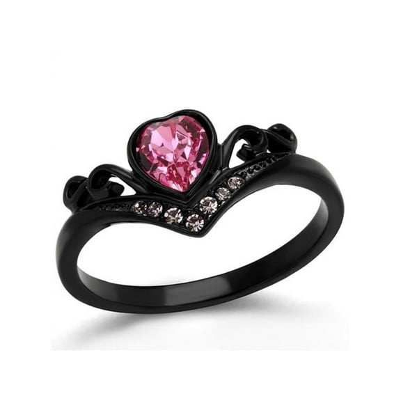 Women's Round Cut Pink Zirconia Black Stainless Steel Heart Fashion Ring Size 10
