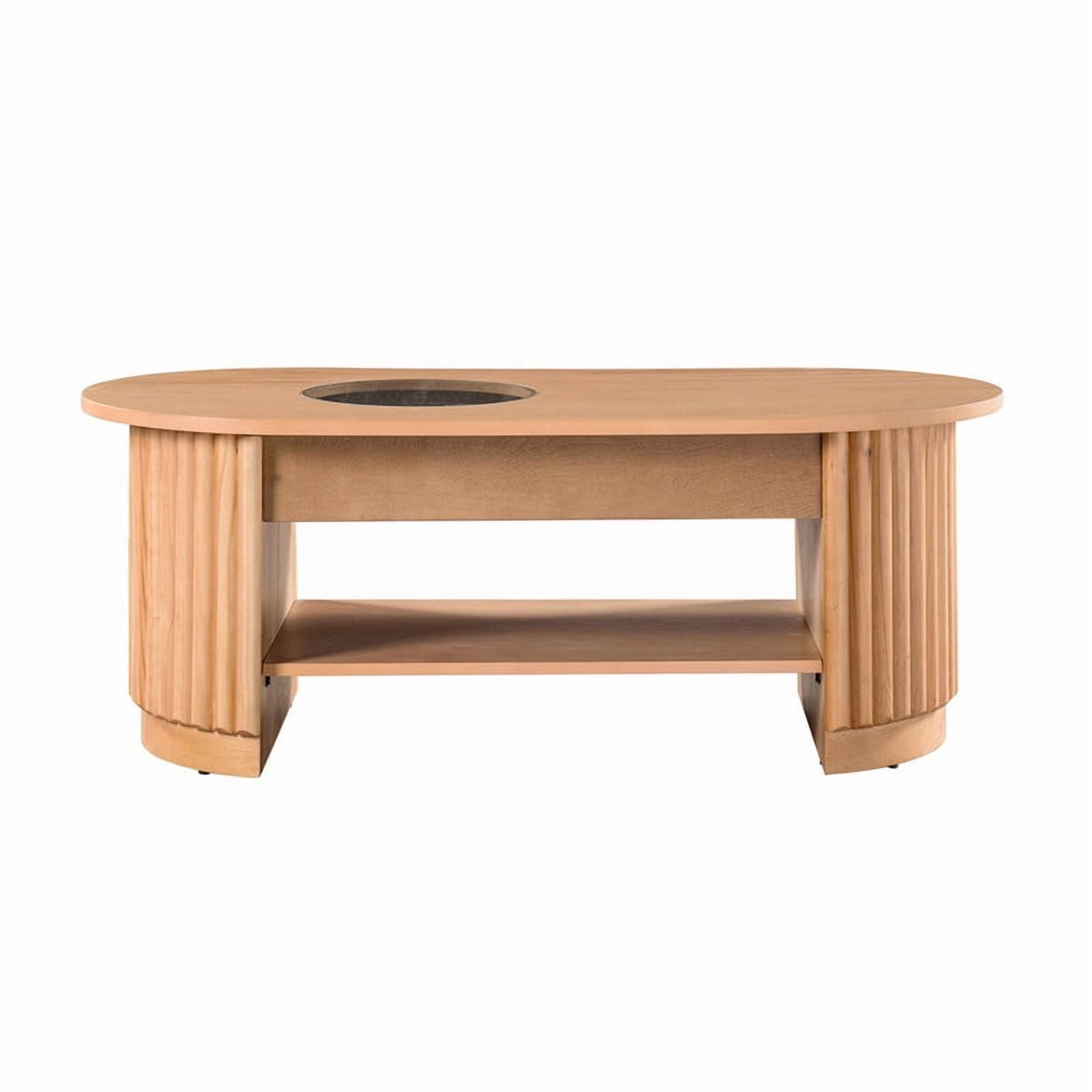 Mid-Century Modern Oval Coffee Table with Drawers & Tempered Glass Inset Top, 2-Tier Fluted Center End Table with Open Shelf