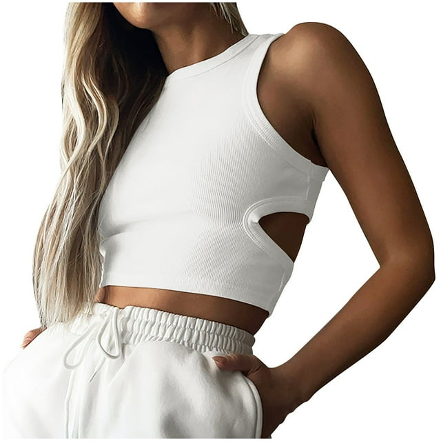 Plebaso Ribbed Tank Tops for Women Open Back Slim Crop Sleeveless Tees Cutout Knit Womens Casual Shirts
