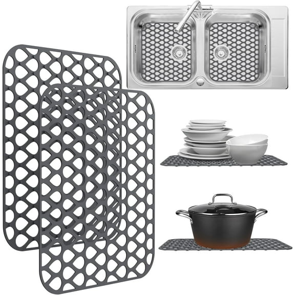 2 Pack Sink Protectors for Kitchen Sink, 13.4"x11.4" Non-Slip Silicone Sink Mats Protect Your Stainless Steel Bottom of Kitchen Sink or Drying Rack, Eco-Friendly & Stain-Free Kitchen Sink Mat - Gray