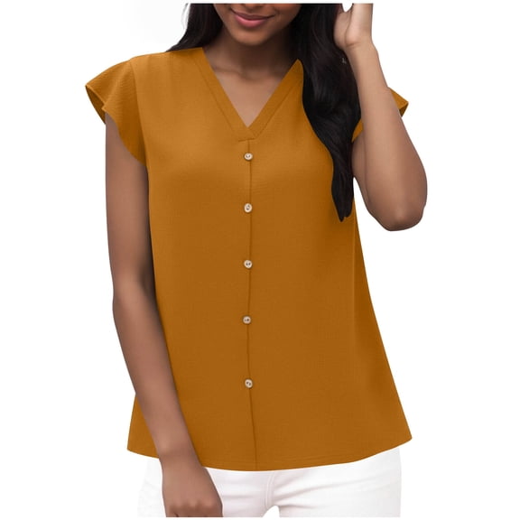 cocolona Womens Summer Button V Neck Tops Fashion Loose Solid Color Cap Sleeve T-shirts Lightweight Casual Blouses