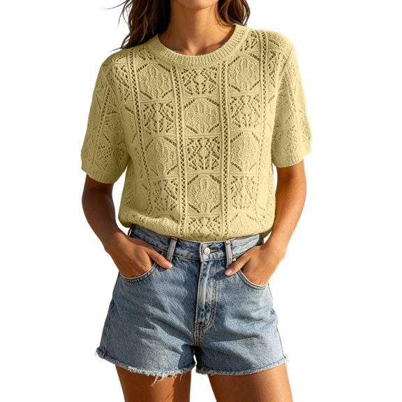 PBFRDSJ Swim Cover Up for Women Summer Boho Crochet Knit Sheer Sweaters Lightweight Hollow Cut Crewneck Pullover Coverups