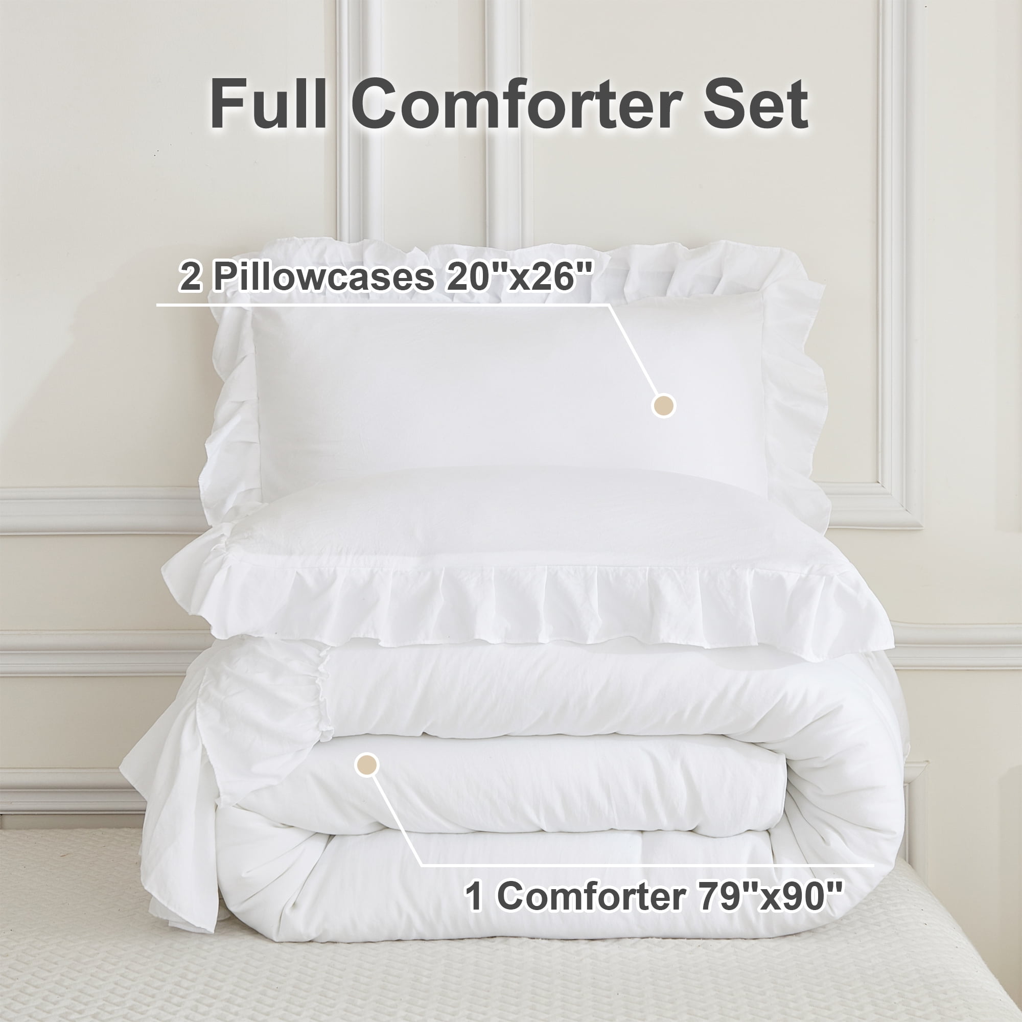 ANGENIA Full Size Comforter Set White - 3 Pieces Soft Cozy Fluffy Ruffle Bedding Comforter Sets, All Season Lightweight Farmhouse Down Alternative Bed Set for Girls Teens Boys Kids