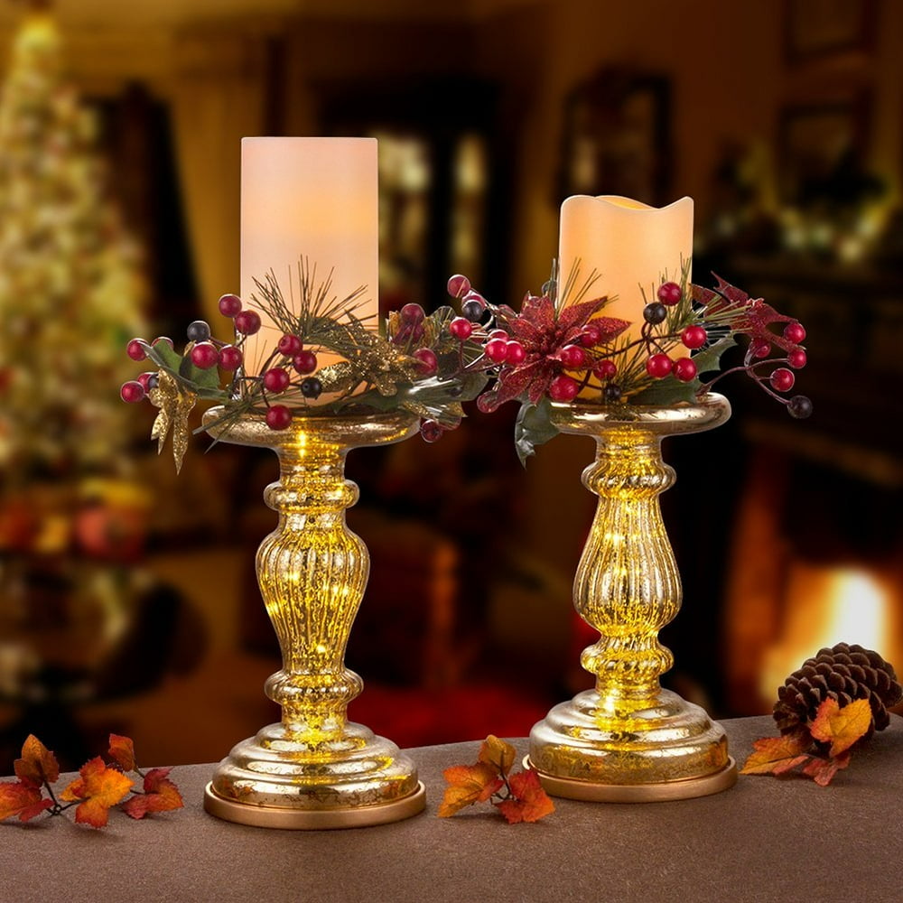 Mercury Glass Table Decor Accents, Set of 2 8.5" Lit Pillar Candle