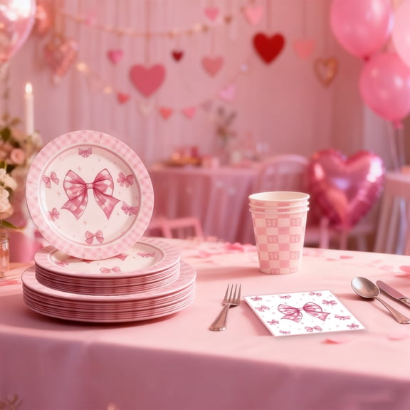 10pcs Valentine's Day Paper Tableware Set - Bow-Accented Paper Cups, Plates & Napkins, Romantic Love-Themed Party Supplies, Disposable Decorative Tableware for Valentine's Day Gatherings, 7.09in, D