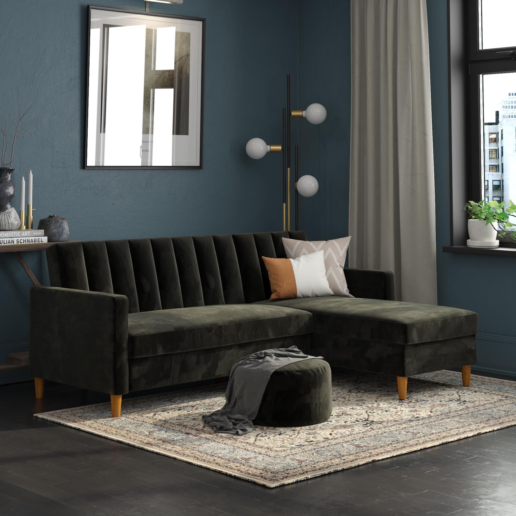 DHP Celine Sectional Futon with Storage, Reclining Couch, Black Velvet