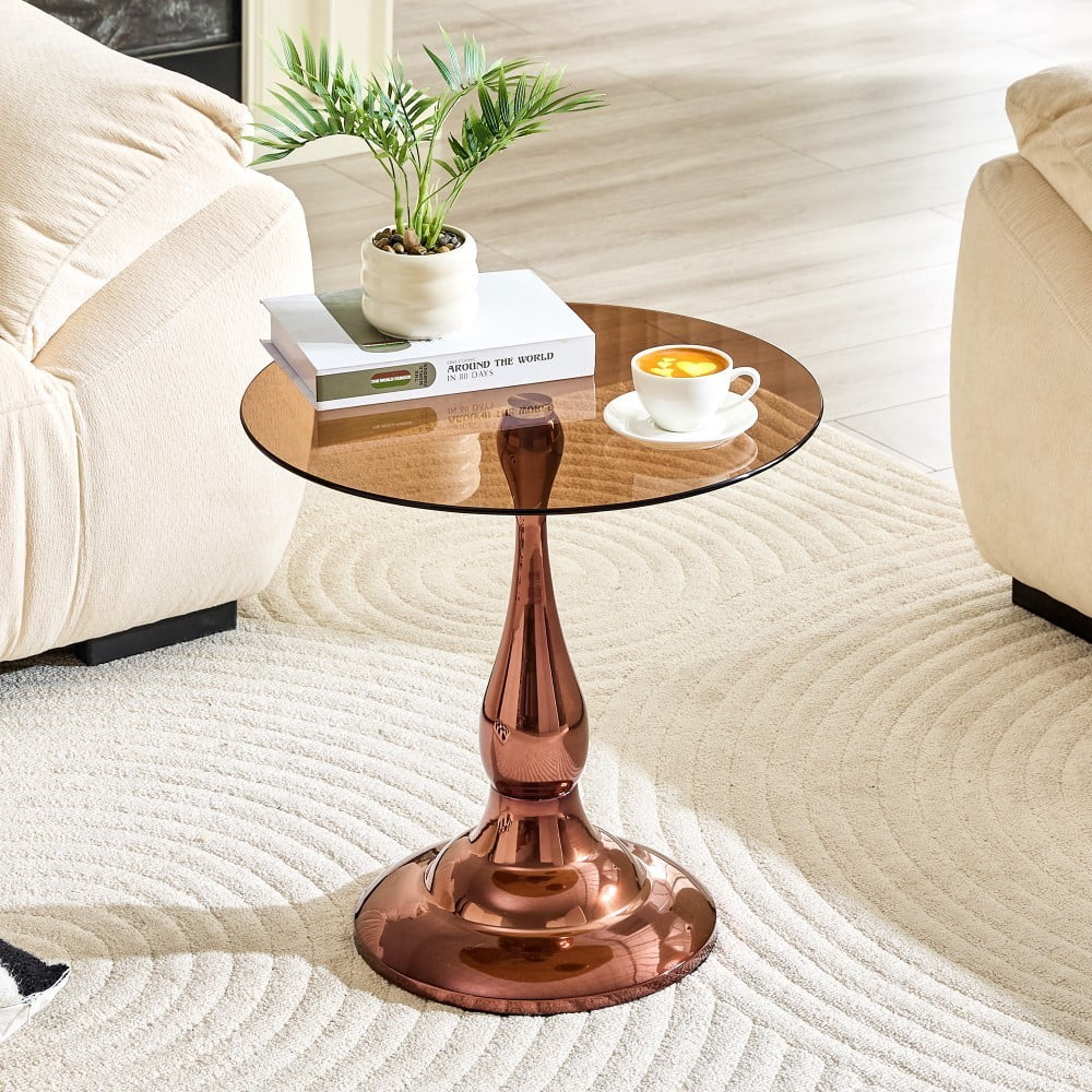 19.6" Round Side Table, Amber Tempered Glass Top with Rose Gold Metal Base, Modern End Table, Nightstand, Sofa Table for Living Room Bedroom