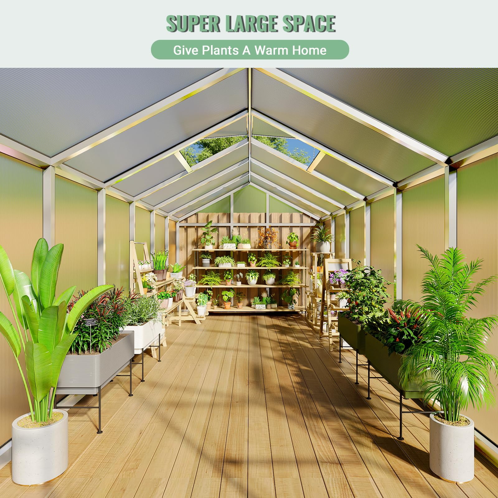 Greenhouse, 8x12 ft Greenhouse for Outdoors, Walk-in Green House with Ground Nails and Vent Windows, Sliding Lockable Door, Polycarbonate Green House for Outside Garden Backyard, Quick Setup, Silver